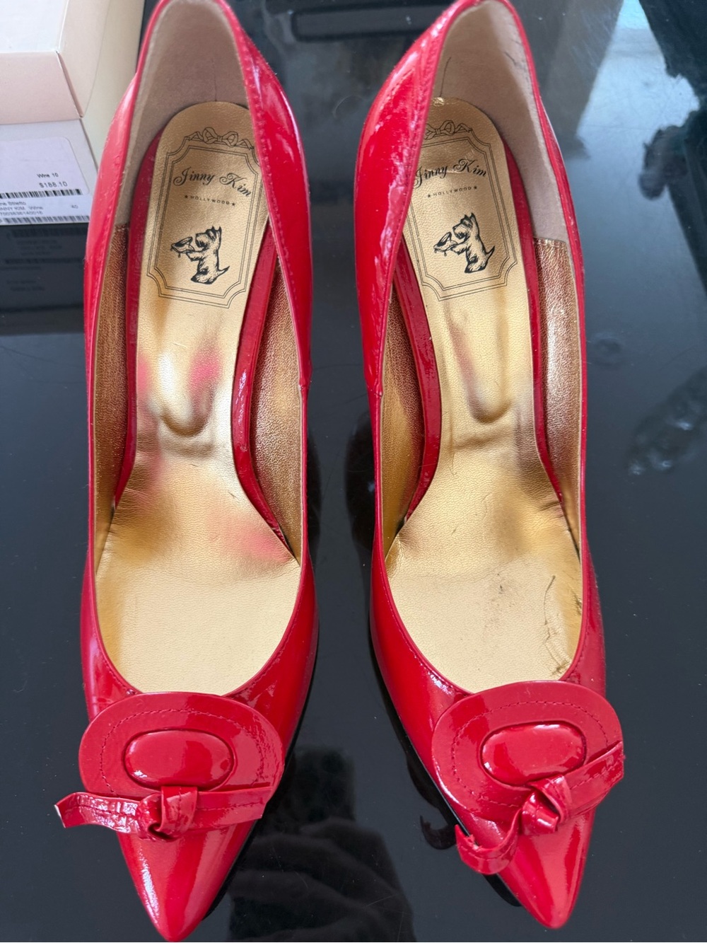 Red Patent Pointed-Toe Heels with Decorative Knot